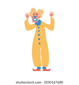 Man Clown with Makeup Face and Flamboyant Costume as Circus Artist Character Performing on Stage or Arena Vector Illustration