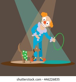 a man in a clown suit, circus shows with dog, vector, illustration