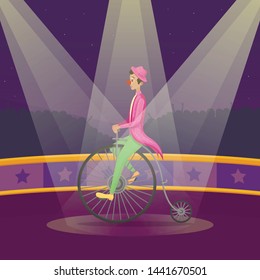 Man in Clown Suit Rides Retro Bike on Circus Stage under Double-Ended Lamp Lights. Guy with red Nose Entertaining Crowd. Cartoon Circus Actor Male Character. Movie, Film Hero. Vector Flat Illustration