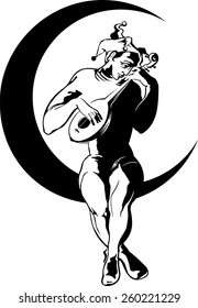 Man in clown's hat on moon playing on the mandolin. Vector silhouette.