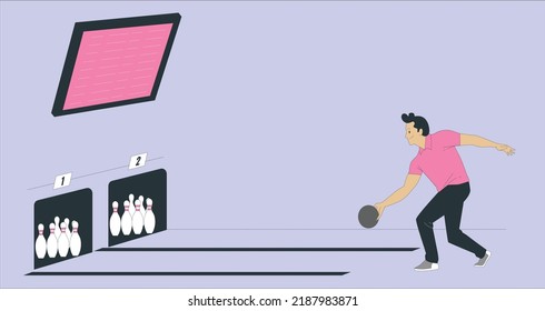 Man in club for bowling is throwing ball. man having fun while bowling