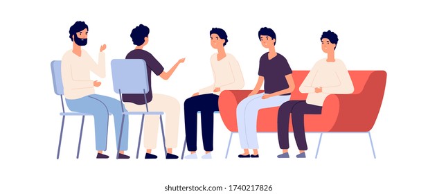 Man club. Group psychotherapy, flat male characters. Emotional support and protect, friendship. Isolated psychologist consulting boys team vector illustration