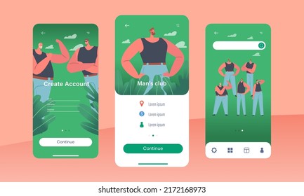 Man Club Mobile App Page Onboard Screen Template. Handsome Male Characters Wear Jeans and Singlets Posing with Crossed Arms, Showing Muscles, Masculinity Concept. Cartoon People Vector Illustration