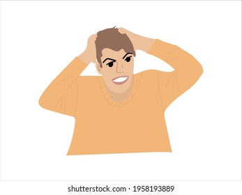The man clutched his head and feels fear and horror. A woman in a panic holds her head with her hands and screams. Professional burnout. Hard work day.