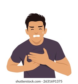 Man clutching his chest in distress, possibly indicating chest pain or a heart related issue. Flat vector illustration isolated on white background