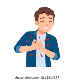 Homem segurando o peito com uma expressão dolorosa, sentindo dor no peito, possível ataque cardíaco