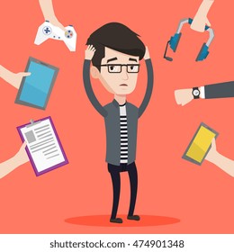 Man clutching his head and many hands with modern gadgets around him. Young man in despair surrounded with gadgets. Man using many electronic gadgets. Vector flat design illustration. Square layout.