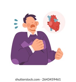 Homem agarrado ao peito esquerdo sofrendo de ataque cardíaco grave, uma emergência médica, entrando em pânico por sintomas de dor cardíaca. Ilustração de caractere de vetor plano isolada no plano de fundo branco