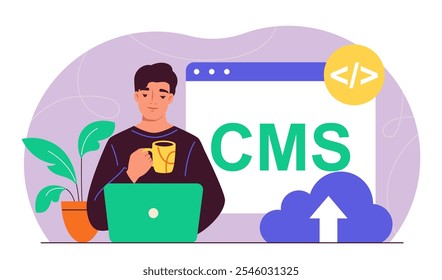 Homem com cms. Sistema de gerenciamento de conteúdo. Modificação de conteúdos digitais. Análise do comportamento do usuário. Serviço em nuvem online. Especialista em SEO com laptop. Ilustração de vetor plano