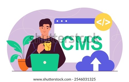 Man with cms. Content management system. Modification of digital content. User behavior analysis. Cloud service online. SEO specialist with laptop. Flat vector illustration
