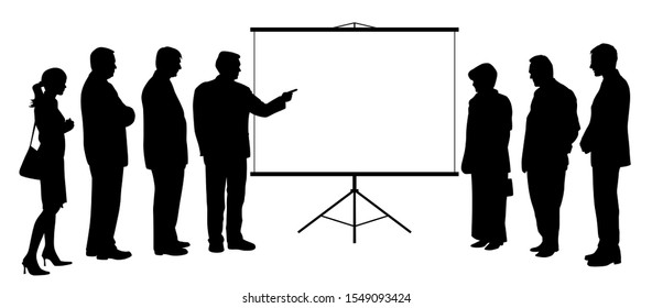 Man coach consultant showing presentation on blank white projection screen to business people group. Businessman manager teacher boss executive leader giving presentation to business team colleagues.