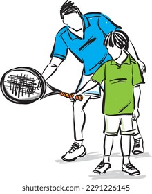 man coach teaching tennis class to little boy kid learning sports concept vector illustration