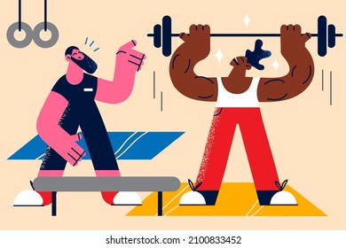 Man coach or trainer exercise with client in gym. Instructor train help guy customer lift heavy weights prepare for powerlifting competition. Personal training concept. Flat vector illustration. 