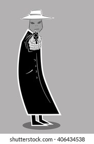 man in the coat aims a pistol