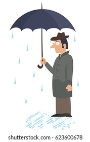 Man in coat is all wet. The rain goes under the umbrella, because He has a bad mood because of problems or failures