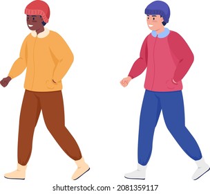 Man in coat enjoys walk semi flat color vector character set. Posing figures. Full body people on white. Winter isolated modern cartoon style illustration for graphic design and animation bundle