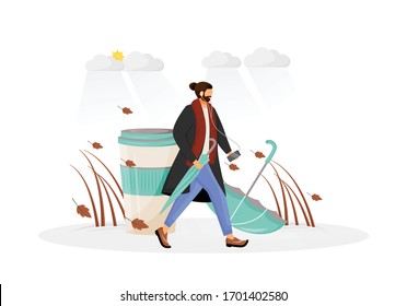 Man in coat go for walk flat concept vector illustration. Person with umbrella. Male hipster in fall 2D cartoon character for web design. Coffee takeaway in cold weather. Autumn creative idea