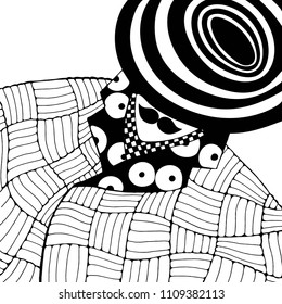 Man in coat and hat. Coloring book page for adult. Hand drawn hipster man. Black and white illustration.  Line art.