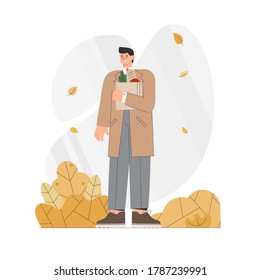 Man in coat holds paper bag with food in autumn. Flat style vector illustration.
