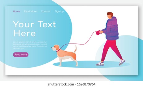 Man in coat landing page flat color vector template. Caucasian guy walking dog homepage layout. Rainy day one page website interface with cartoon characters. Wet weather web banner, webpage