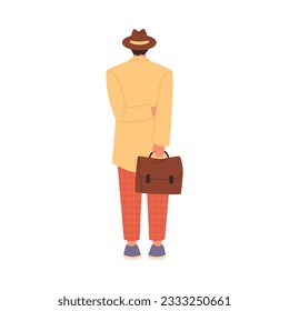 Man in coat and round hat stands with hands behind back flat style, vector illustration isolated on white background. Decorative design element, man holding briefcase, back view