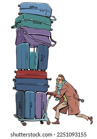 A man in a coat and scarf took a lot of luggage and sets off with him. Relocation of a person to another country. Moving to a new place.
