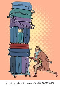 A man in a coat and scarf took a lot of luggage and sets off with him. Relocation of a person to another country. Moving to a new place.