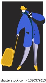 A man in a coat and a suitcase on wheels