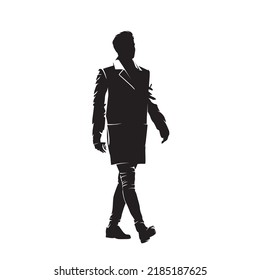 Man in coat walking, side view, abstract isolated vector silhouette, ink drawing