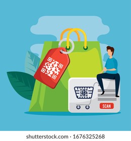 man with code qr and icons vector illustration design