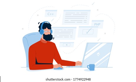 Man Coder Development Programming Computer Vector. Bearded Guy Coder Wearing Headphones Coding Application On Laptop, Software Engineer Sitting At Desk. Character Coding Flat Cartoon Illustration