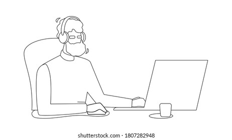 Man Coder Development Programming Computer Black Line Pencil Drawing Vector. Bearded Guy Coder Wearing Headphones Coding Application On Laptop, Software Engineer Sitting At Desk. Coding Illustration