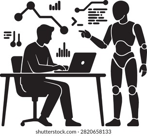 Man coding on laptop with robot mentor data analysis graphic.