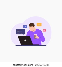 Man, coding and programming looking at laptop screen with a cup of cofee. Flat illustration design, isolated background.
