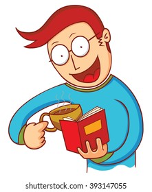 man with coffee and book