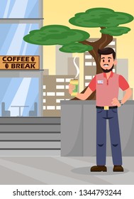 Man at Coffee Break Cartoon Vector Illustration. Male Character with Take Away Latte Cup. Office Worker in Casual Clothes with Badge. Cafe, Coffee Shop Window. Bonsai Tree. City Apartment Building
