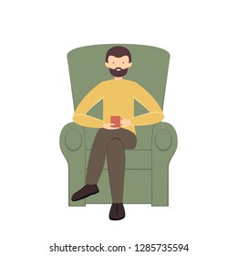 Man with coffee cup in armchair isolated on white background, illustration.