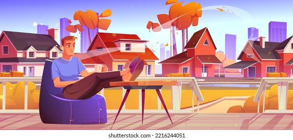 Man with coffee cup and earpods relax at outdoor home terrace at suburban area with cottage houses at beautiful autumn weather. Male character rest at wooden fenced patio, Cartoon vector illustration