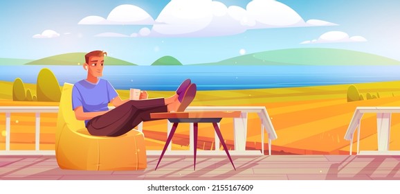 Man with coffee cup relax at outdoor home terrace with beautiful nature landscape autumn field and pond view. Male character rest at wooden farm or ranch patio with porch, Cartoon vector illustration