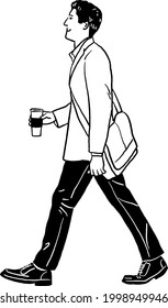 Man with Coffee to go City People Casual lifestyle Hand drawn line art Illustration