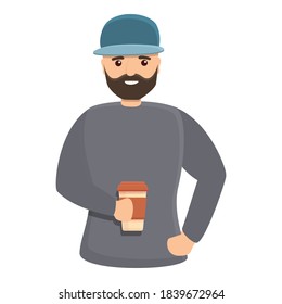 Hombre con un icono de café. Caricatura del hombre con icono del vector del café para el diseño web aislado en fondo blanco