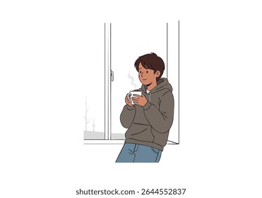 Man with Coffee Leaning by Window