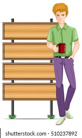 Man with coffee mug and wooden signs illustration