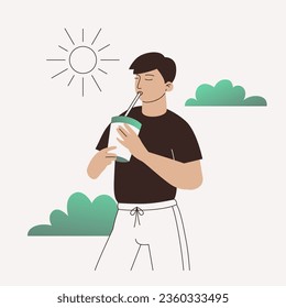 Man with coffee paper cup in park. Cartoon vector illustration isolated on white background. Drinking cold brew by walking.