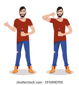 A man with a coffee shows a good and bad gesture. Like and dislike. Approval and disapproval.Vector illustration in cartoon style.
