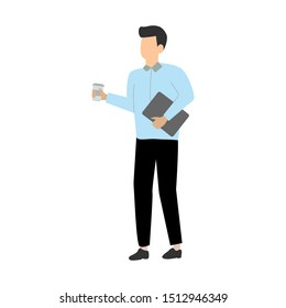Man with coffee and tablet. Flat cartoon character isolated on white background
