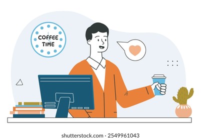 Hombre con tiempo de café. Joven sentado cerca de la computadora portátil con taza de bebida caliente. Empleado y trabajador en la pausa para el café. Capuchino y mochaccino. Ilustración vectorial lineal aislada sobre fondo blanco