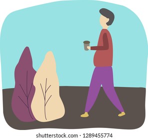 A man with a coffee for a walk, vector illustration, business concept