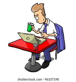 Man with coffee working on laptop (vector)