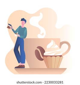 Hombre con café. Un chico joven está cerca de una gran taza con bebida caliente. Espresso, capuchino y mocha. Afiche publicitario o banner para el café o sitio web del restaurante. Dibujo vectorial plano de dibujos animados